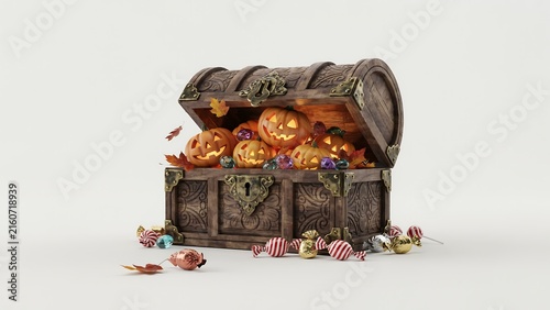 Halloween treasure chest filled with pumpkins and autumn decorations