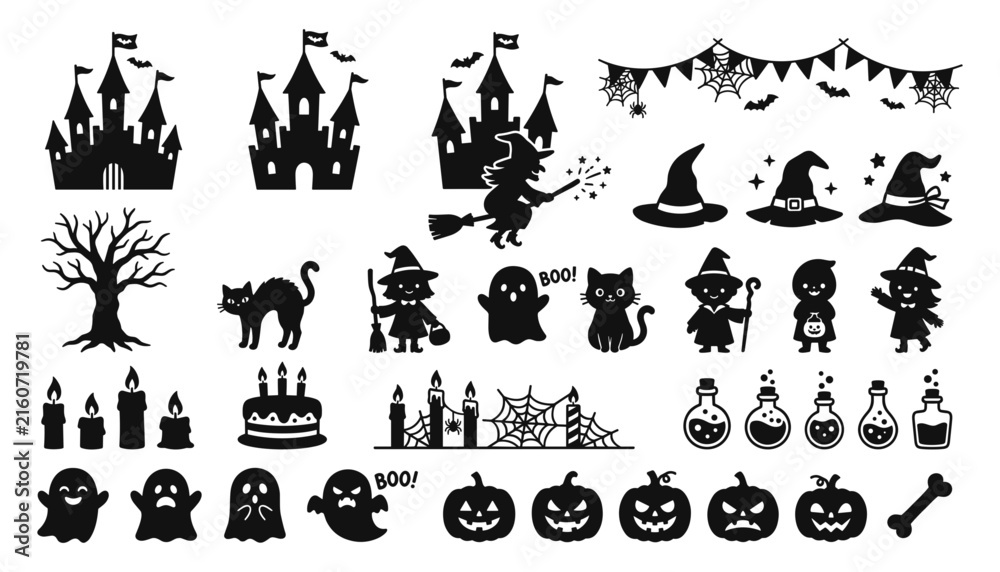 Obraz premium Halloween Elements Set with Castles, Witches, Pumpkins, and Spooky Decorations Featuring Vector, Illustration