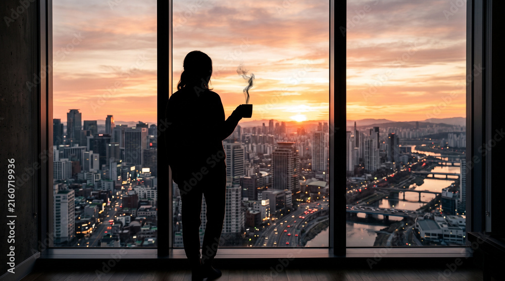 Fototapeta premium Woman silhouette in front of big window with cityscape at sunset.