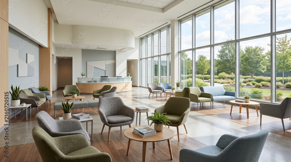 Fototapeta premium Spacious reception waiting area with comfortable chairs and natural light.