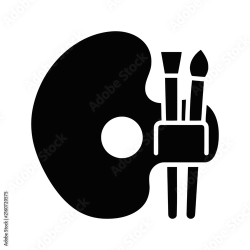 Artist palette and paintbrushes icon presented as a black stencil vector illustration on white background.