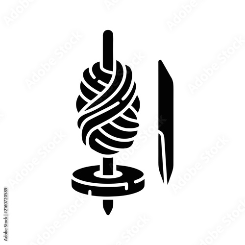 Drop spindle icon represents traditional yarn spinning tools on a clean background.