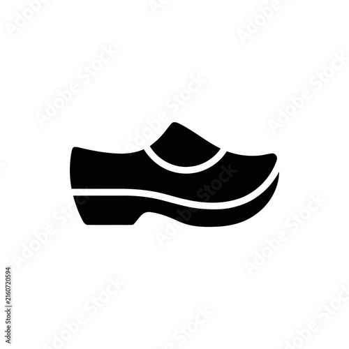 Clog wooden shoe black vector icon represents traditional Dutch footwear and European culture.