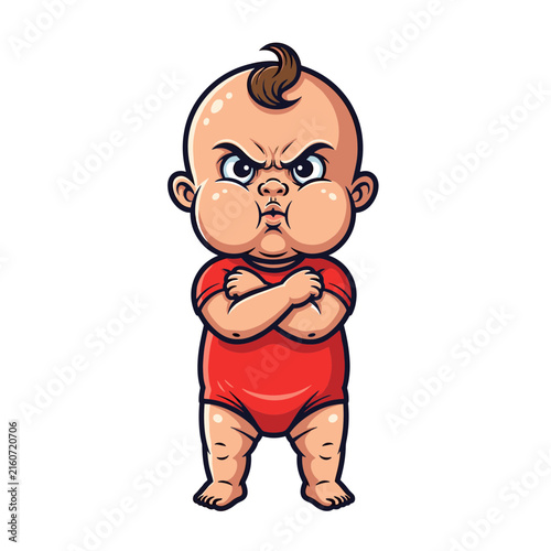 Angry Baby Cartoon Mascot in Red Onesie with Arms Crossed Stubborn Toddler Character