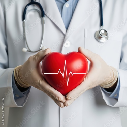 Doctor holding a red heart with a white heartbeat line in their hands