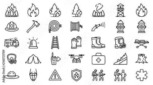 Wildfire and firefighting equipment icon set with linear outline vectors of forest fires trucks hydrants helmets tools and emergency rescue gear symbols
