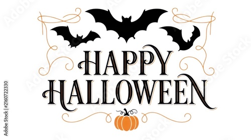 Vintage Happy Halloween typography with black bats, elegant orange pumpkin illustration, spooky holiday greeting card design