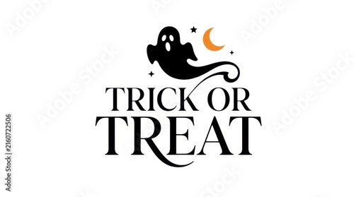 Halloween Trick or Treat typography, spooky ghost and crescent moon illustration, festive holiday greeting on white background
