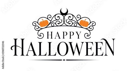 Elegant Happy Halloween typography, vintage scrollwork tiara with orange pumpkins, decorative holiday greeting on white background