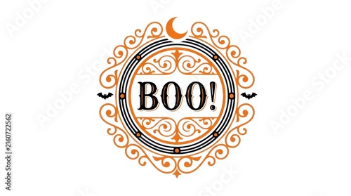 Vintage Halloween Boo typography, ornate Victorian frame with bats and moon, elegant orange and black holiday emblem for invitations