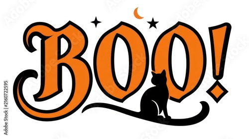 Halloween Boo text with black cat silhouette, orange gothic typography for spooky holiday decor, festive seasonal greeting graphic