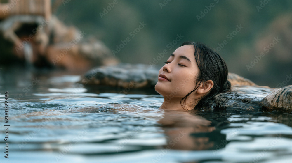 Fototapeta premium Peaceful Asian woman relaxing inside outdoor hot spring water pool with serene smile enjoying healthy wellness spa travel resort retreat