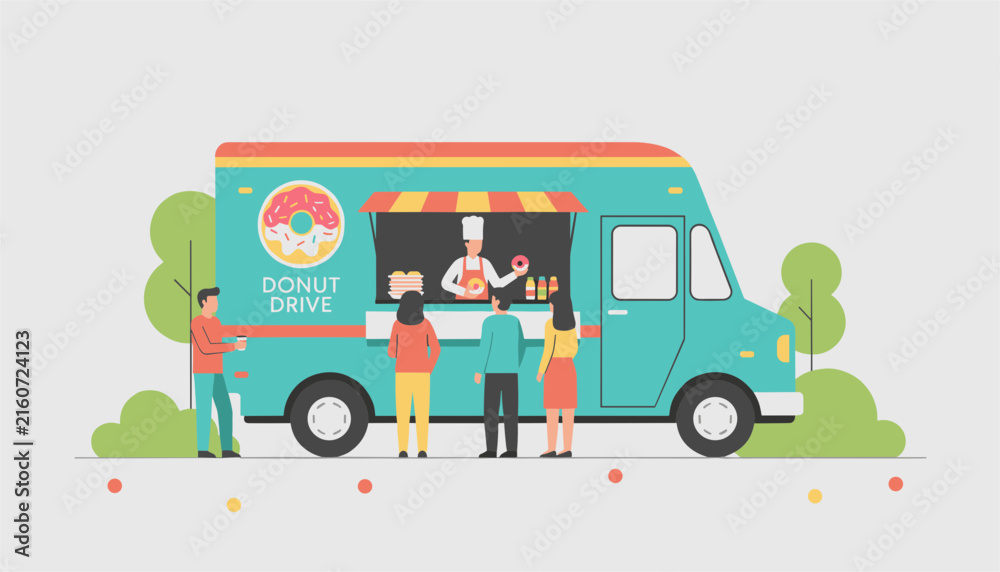 Fototapeta premium Customers queuing up at a colorful Donut Drive food truck to buy delicious fresh glazed donuts in a park setting.