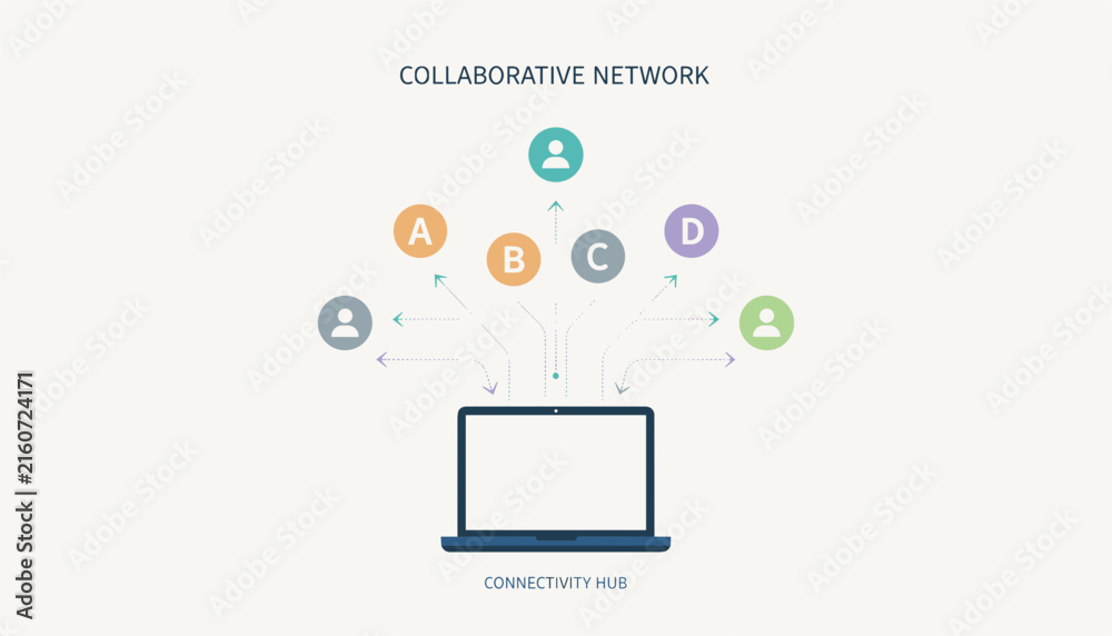 Naklejka premium Collaborative network diagram illustrating remote team connectivity and communication through a central laptop hub.