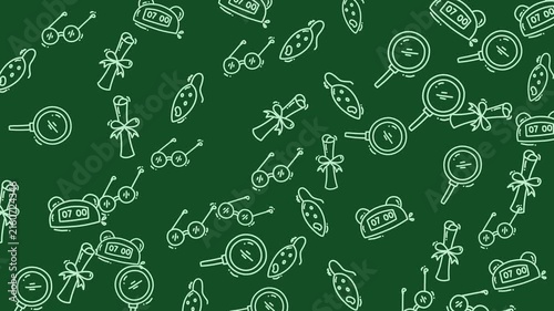 Green background with white outlines of eyeglasses, magnifying glasses, diploma scrolls, and alarm clock icons. Ideal for educational or time management concepts.