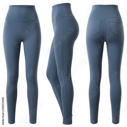 Gray leggings with purple highlights from multiple angles isolated on white background