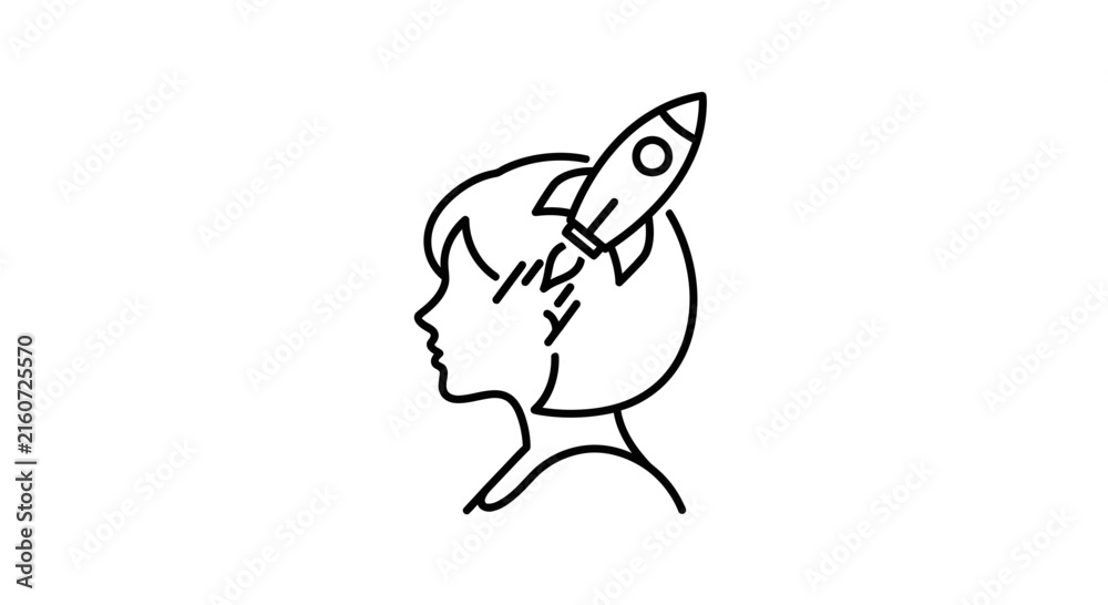 Naklejka premium Boy with rocket on head, creative inspiration