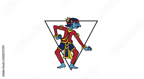 blue demon in triangle, red and gold costume