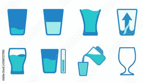 Water Glass Hydration Tracking and Drinking Flat Vector Icon Set