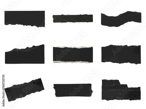 Set of Various Black Torn Paper Strips with Irregular Rough Edges and Distressed Texture Elements for Decorative Graphic Design Projects