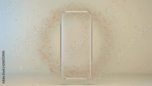 Minimalist glass frame logo reveal background with particle swirls
