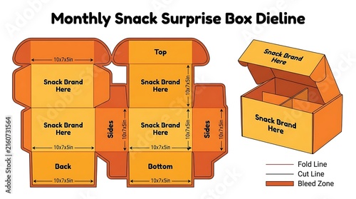 Monthly subscription snack box packaging dieline vector template with 3D preview mockup