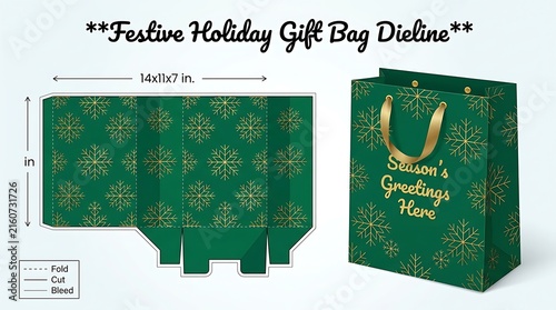 Festive green holiday gift bag dieline template with gold snowflake pattern design