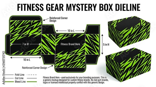 Fitness gear mystery box dieline template with dimensions and folding instructions
