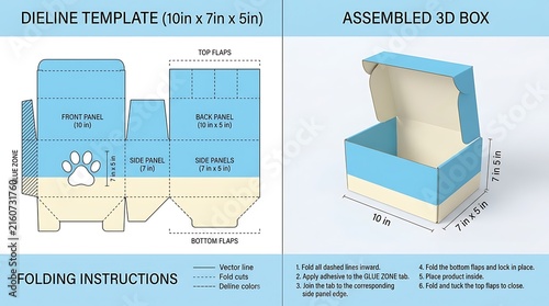 Flat dieline template and assembled 3d cardboard box packaging design