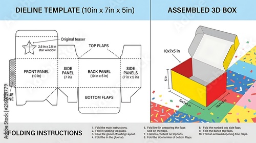 Flat dieline template and assembled cardboard box packaging design illustration