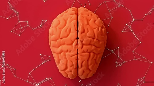 Brain orange color and connection simulation on red color. Minimal concept design. Animation seamless loop, 3D Render.