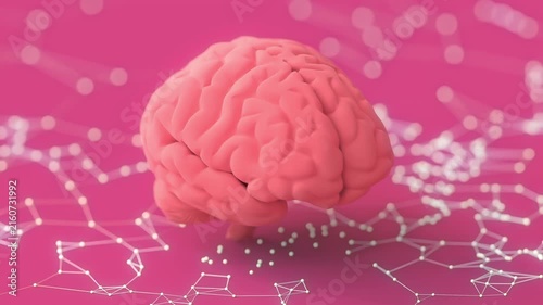 Pink Brain on connection simulation. Minimal concept design. Animation seamless loop, 3D Render.