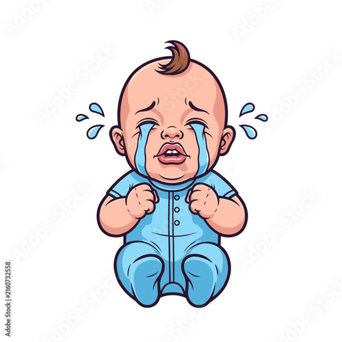 Crying Baby Boy Illustration Sad Toddler In Blue Pajamas With Tears Cartoon Vector Art