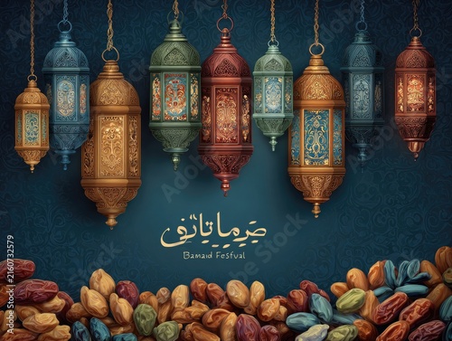 Ramadan lanterns with dates and Arabic 1.