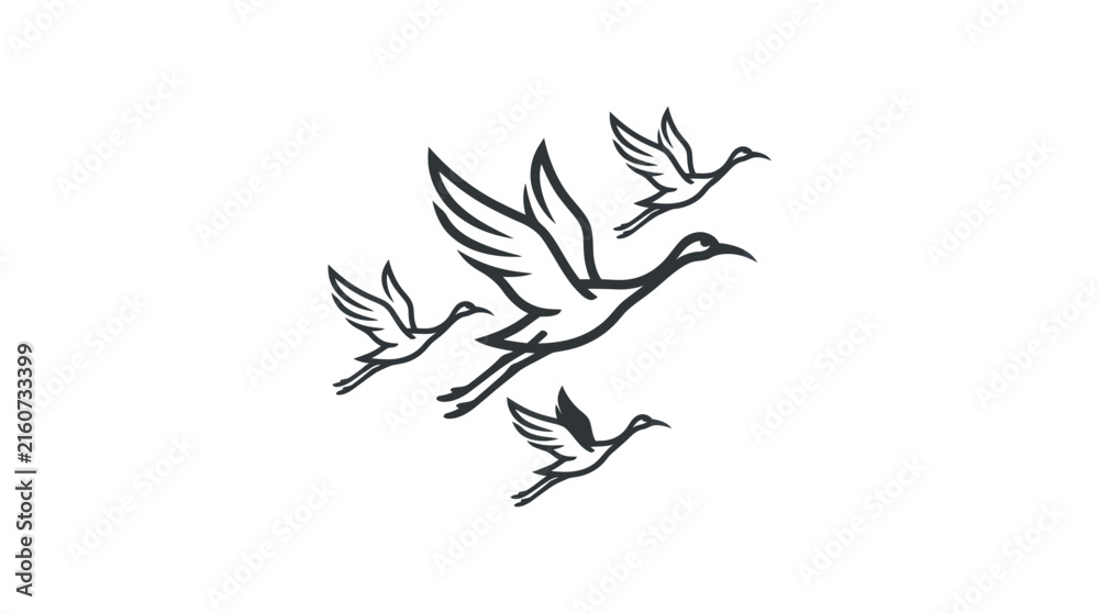 Naklejka premium Minimalist line art of three flying cranes.