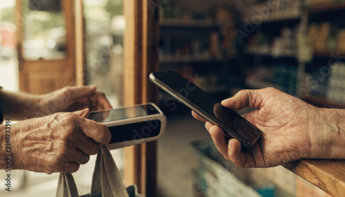 Mobile phone wireless payment contactless senior hand grocery store shopping bag modern technology digital wallet retail convenience mobile phone wireless payment contactless senior hand grocery