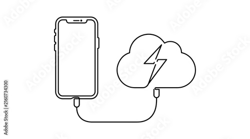 Smartphone charging symbol with broken cloud data storage failure icon illustration