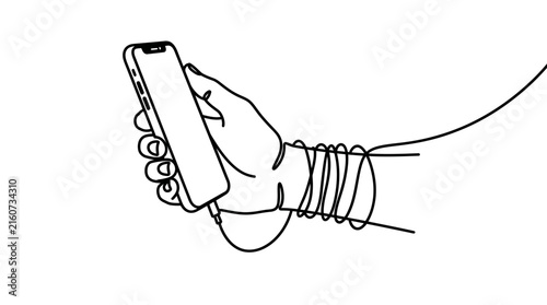 Hand drawing smartphone with tangled charging cable on white background illustration