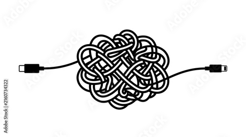 Black charging cable tangled in tight knot with USB connectors on white background