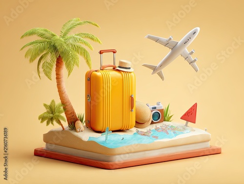 Travel luggage on a beach island.