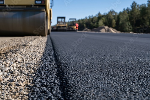 Road roller compacting fresh asphalt on a new carriageway, featuring coarse textures and industrial machinery for civil works and infrastructure services