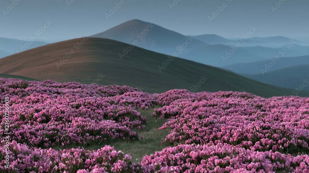 Obraz premium Blooming rhododendron shrubs in dense pink clusters across rolling Carpathian mountain hills at dusk, glowing under a soft amber haze for nature and summer flora landscapes