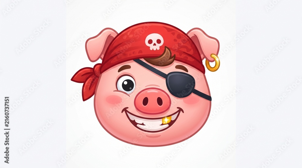 Naklejka premium Cute cartoon pirate pig head with red bandana, eyepatch and gold tooth, vector illustration on white background