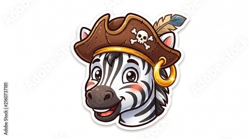 Cute cartoon pirate zebra head sticker with tricorn hat and gold earring, vector illustration on white background