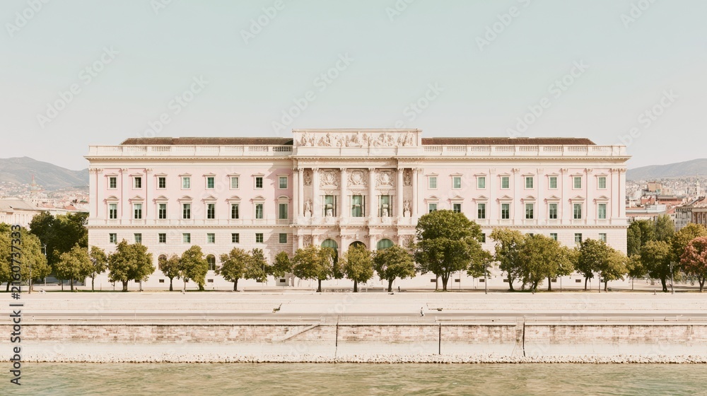 Obraz premium Neoclassical palace with a pink glow and carved facade facing a stone river embankment, featuring a calm summer atmosphere for travel and heritage content