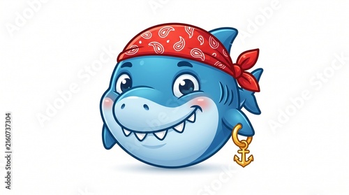 Cute cartoon pirate shark head with red bandana and anchor earring, vector illustration on white background