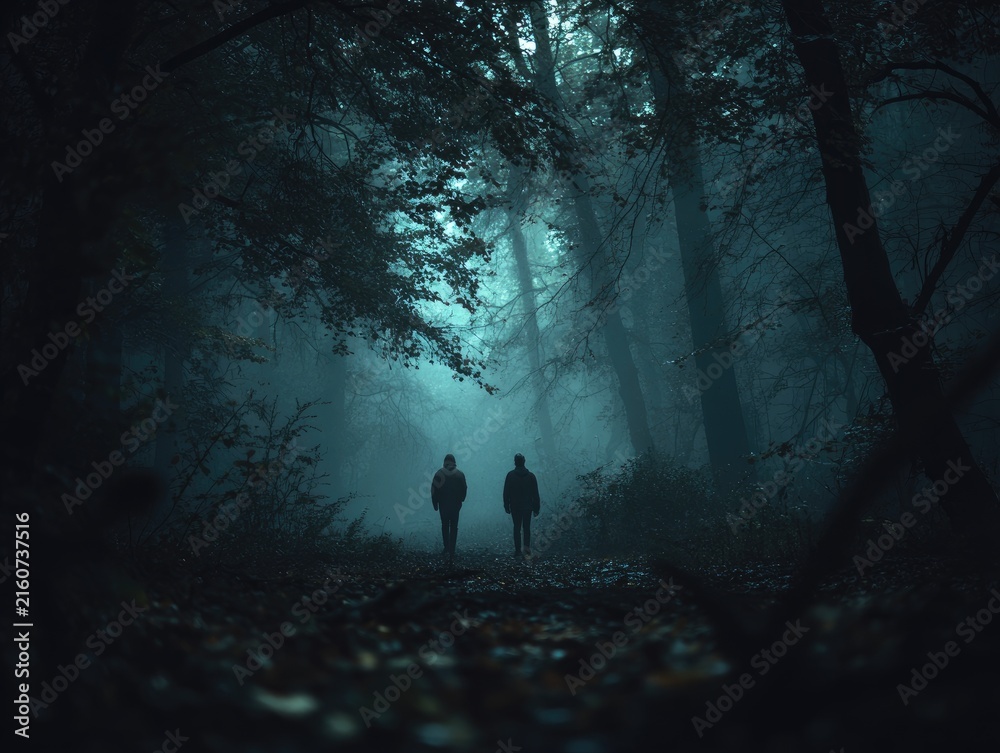 Naklejka premium Two people walking in dark forest 3.