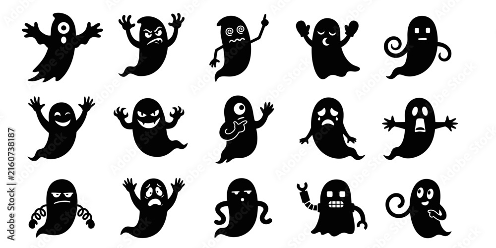 Fototapeta premium A diverse collection of spooky black ghost silhouettes showcasing various cartoon expressions and playful poses perfect for creating fun halloween themed designs