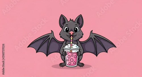 Cute Bat Enjoying a Refreshing Pink Bubble Tea Drink.