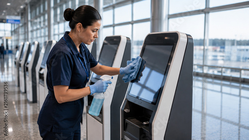 Female cleaner disinfecting self service check in kiosk touch screen at airport terminal